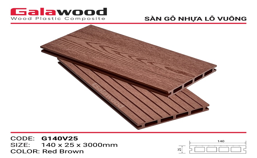 Sàn Gỗ Nhựa Ngoài Trời Galawood 25mm G140V25 Red Brown